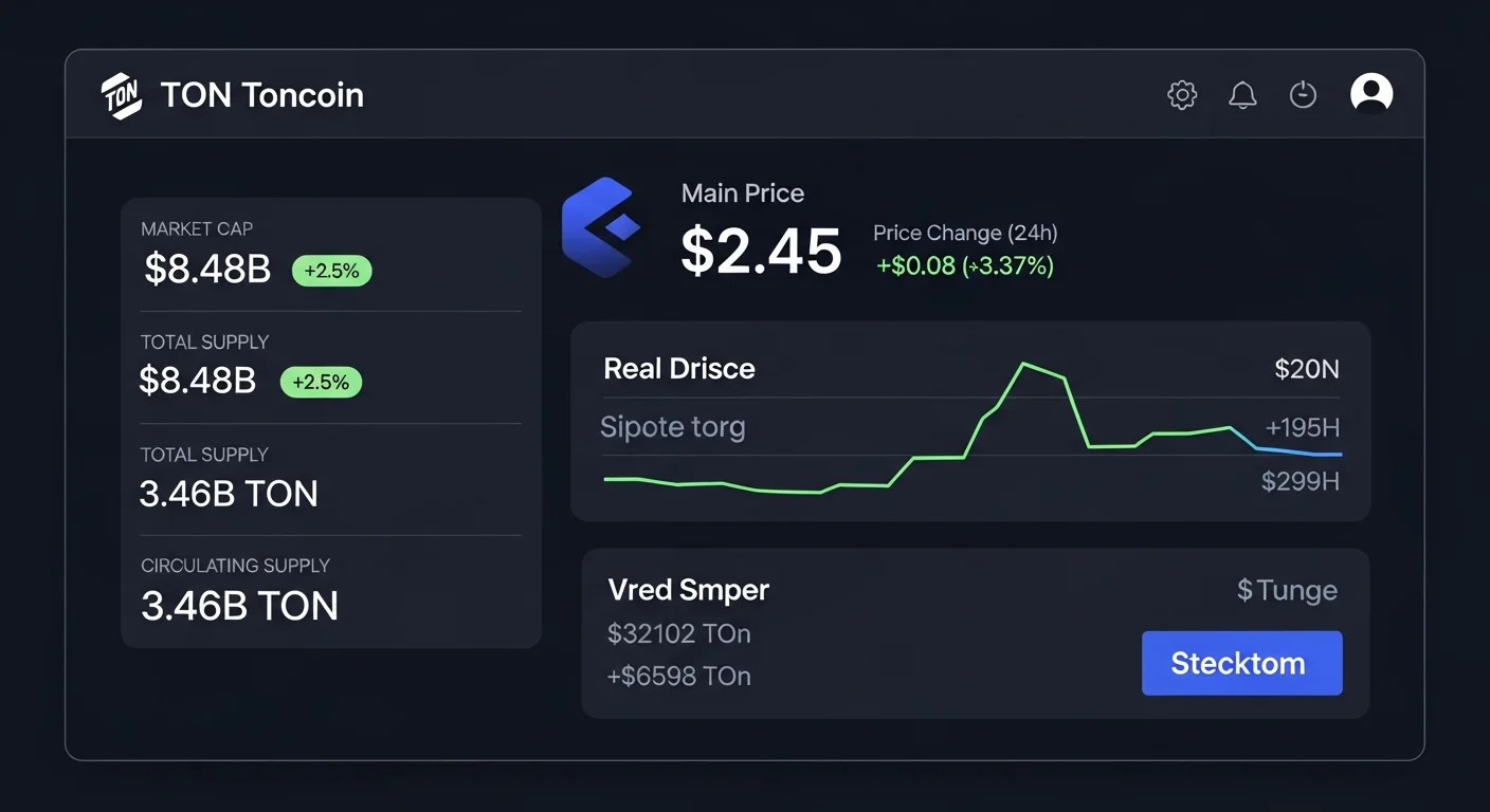 Dashboard mockup showing Toncoin price, market cap, supply and a 7-day chart