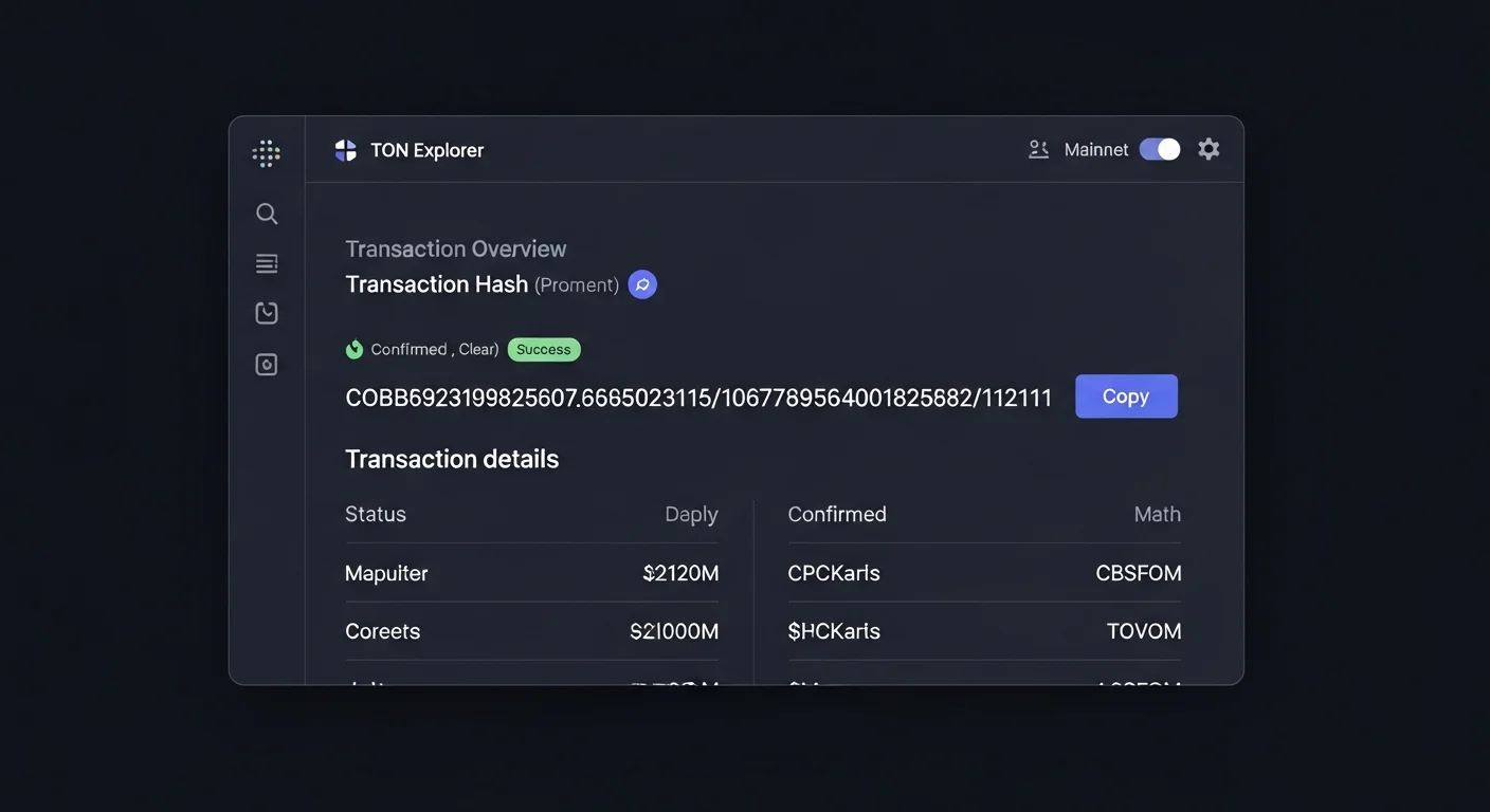 Block explorer mockup of a TON transaction detail page with hash, sender, receiver, amount and fee