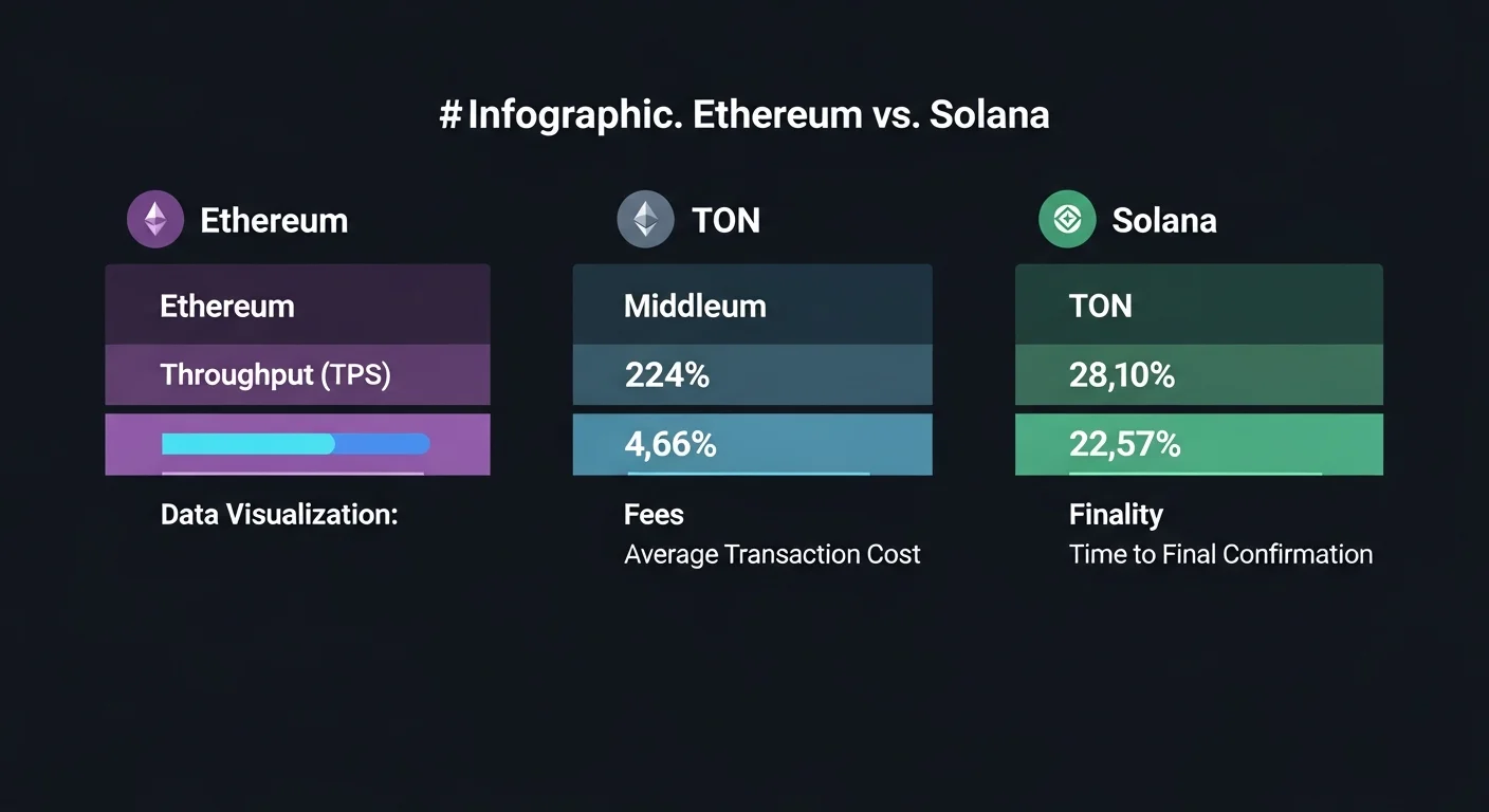 Infographic comparing TON, Ethereum and Solana on throughput, fees and finality
