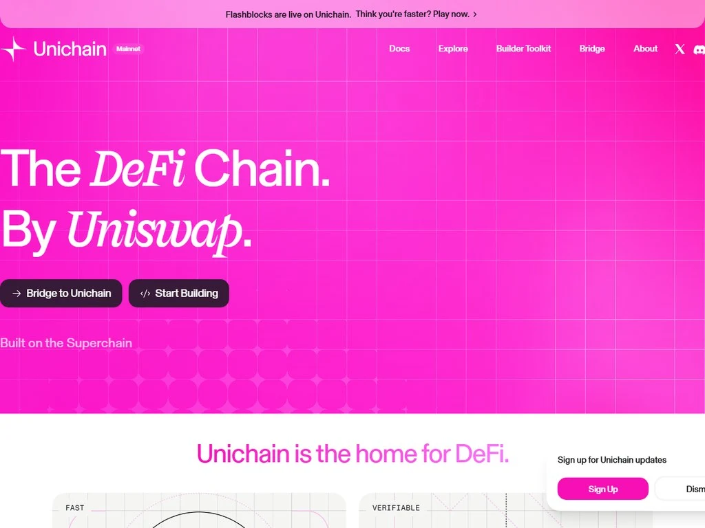 Unichain L2 rollup by Uniswap Labs official network homepage showing block production and DeFi metrics