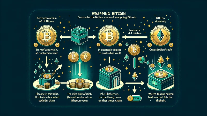 Diagram showing Bitcoin native chain, a custodian vault, and WBTC minted on Ethereum with arrows for 1:1 mint and burn flow