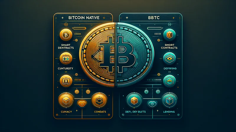 Comparison illustration of native BTC and Wrapped Bitcoin with feature pills under each card