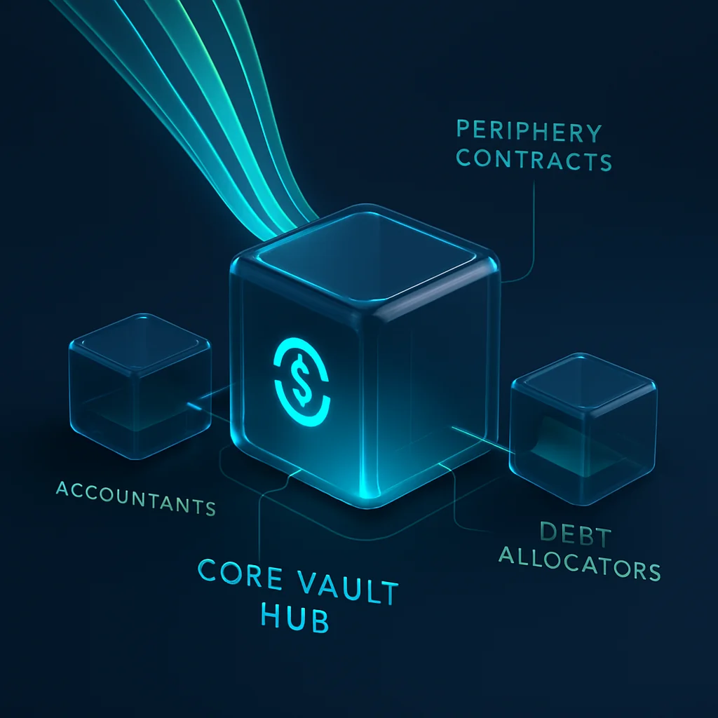 Yearn Finance V3 vault architecture diagram showing ERC-4626 strategies, periphery contracts and the yvUSD cross-chain stablecoin vault