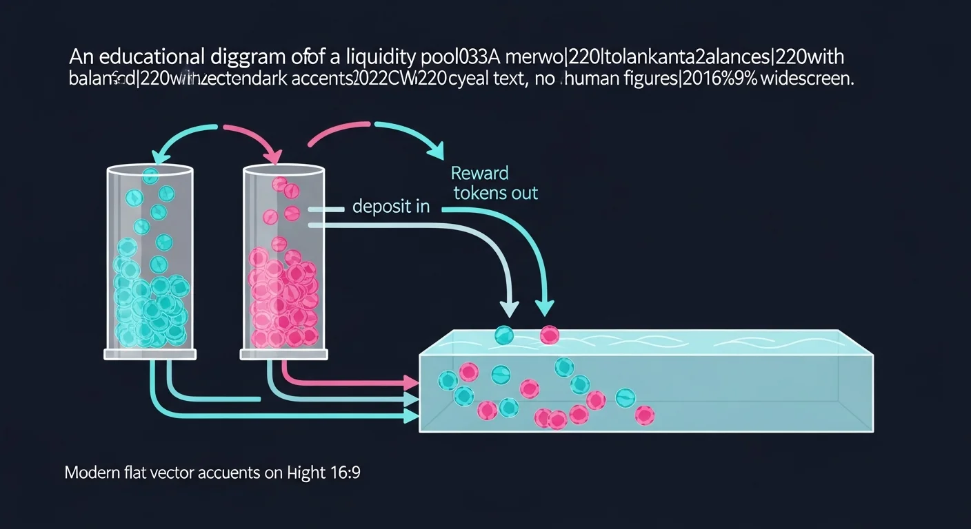 Diagram of a liquidity pool showing two tokens deposited and reward tokens flowing back to the user