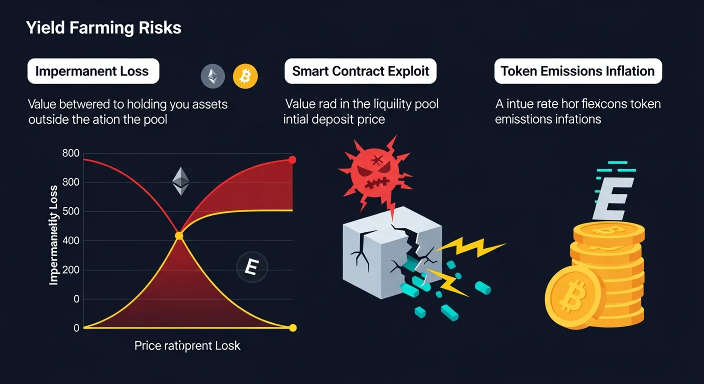 Four-panel illustration showing impermanent loss, smart contract risk, token emissions inflation, and stablecoin depeg