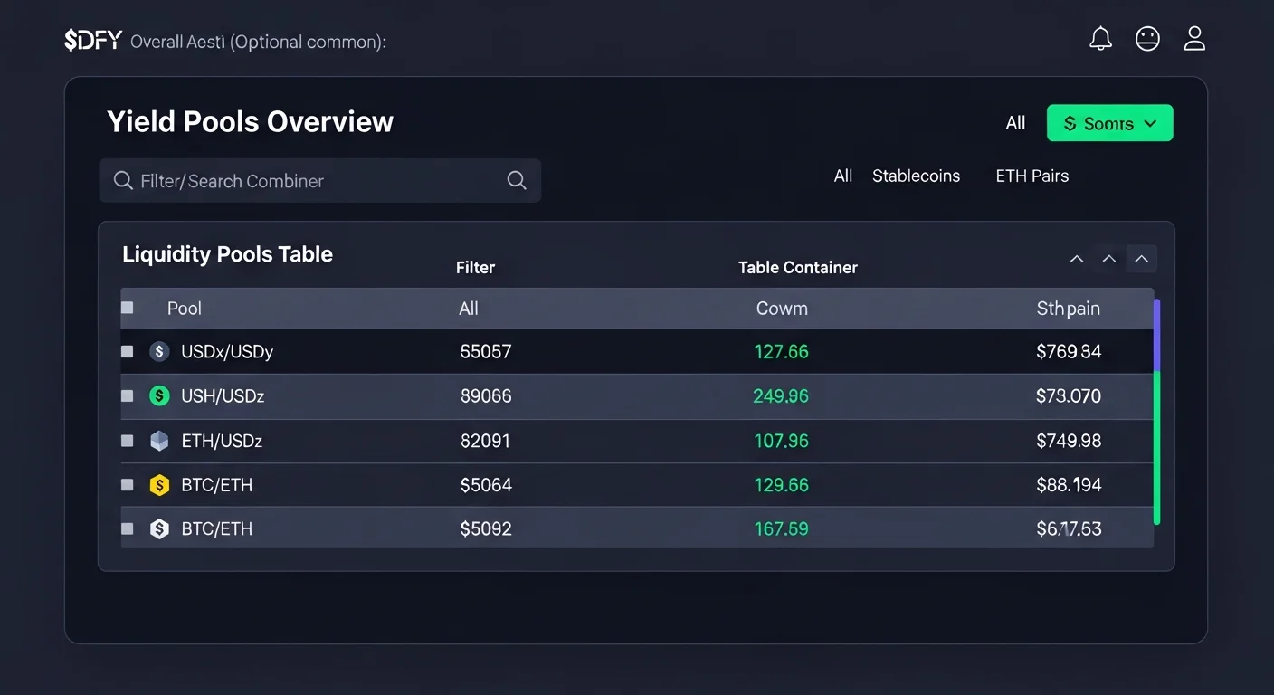 DeFi yield dashboard mockup showing a sortable table of pools with TVL, APY, base APY and reward APY columns