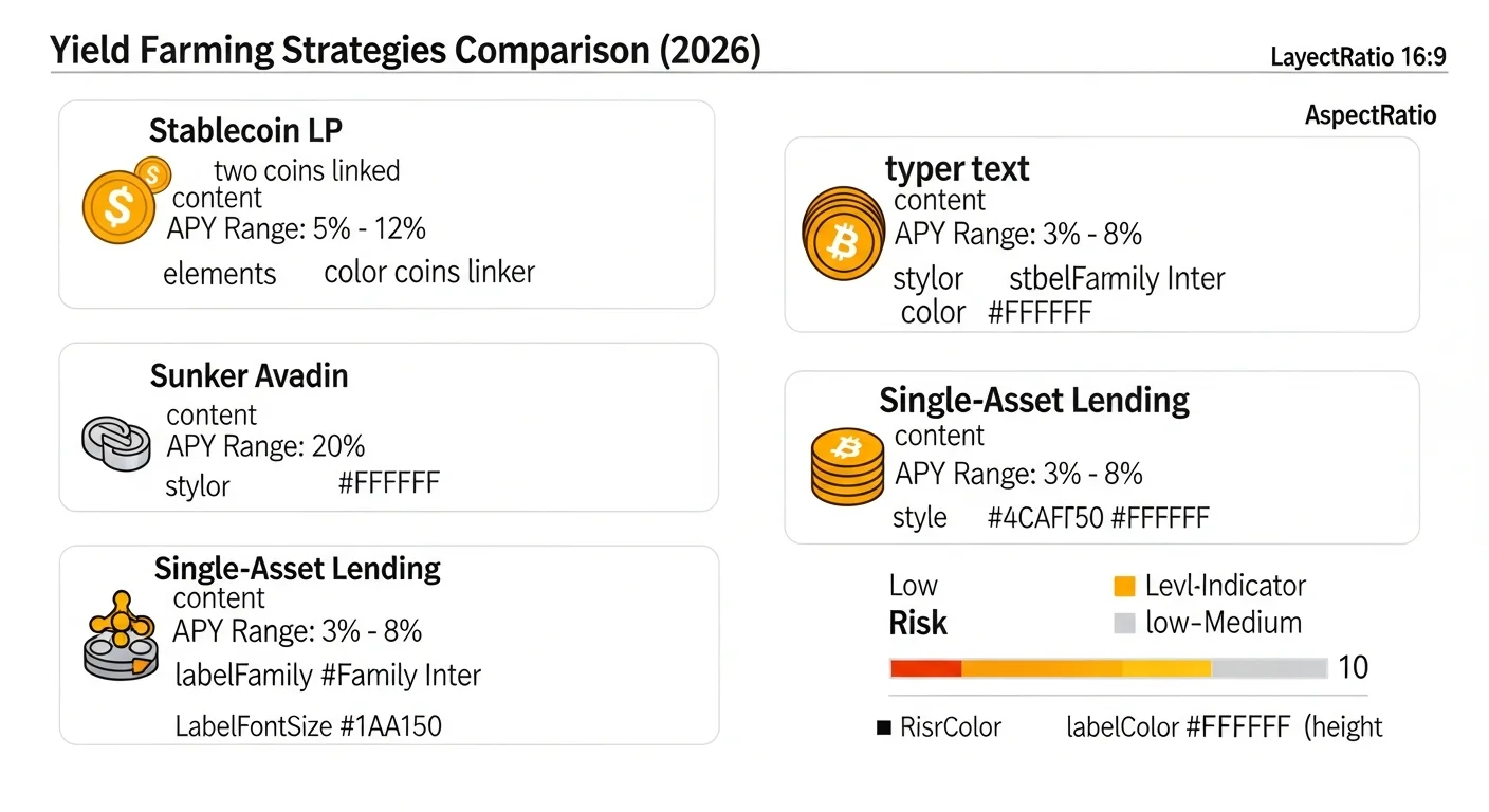 Infographic comparing three yield farming strategies side by side with risk indicators