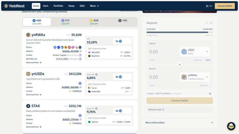 YieldNest vault dashboard showing ynETH MAX, ynLSDe, and ynBTCx allocations with AVS exposure breakdown