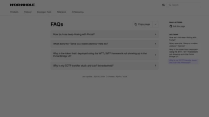 Wormhole Portal Bridge FAQ page showing deep-linking, send to wallet address, and stuck transfer help