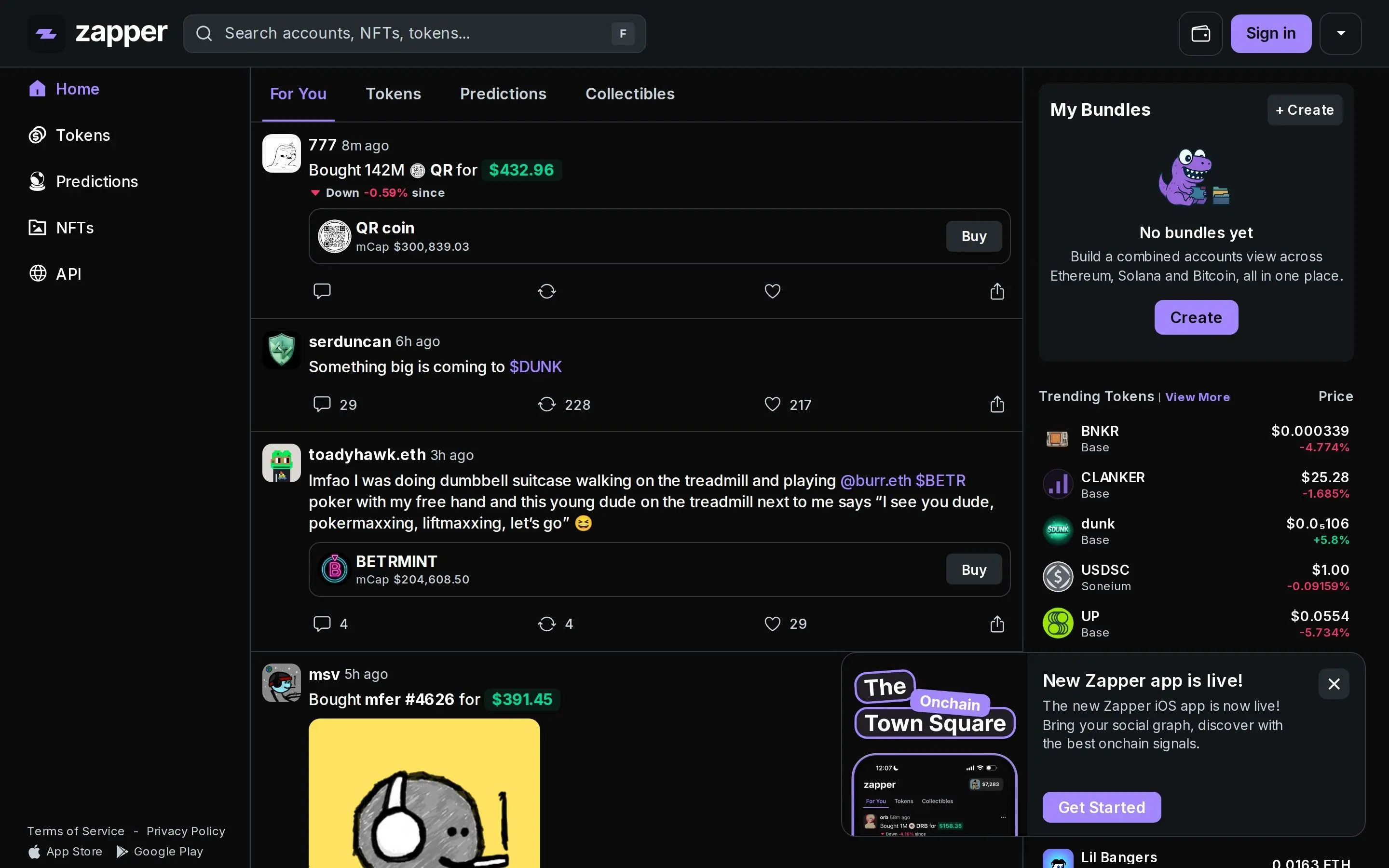 Zapper homepage showing the onchain social feed, trending activity, search, and sign in button