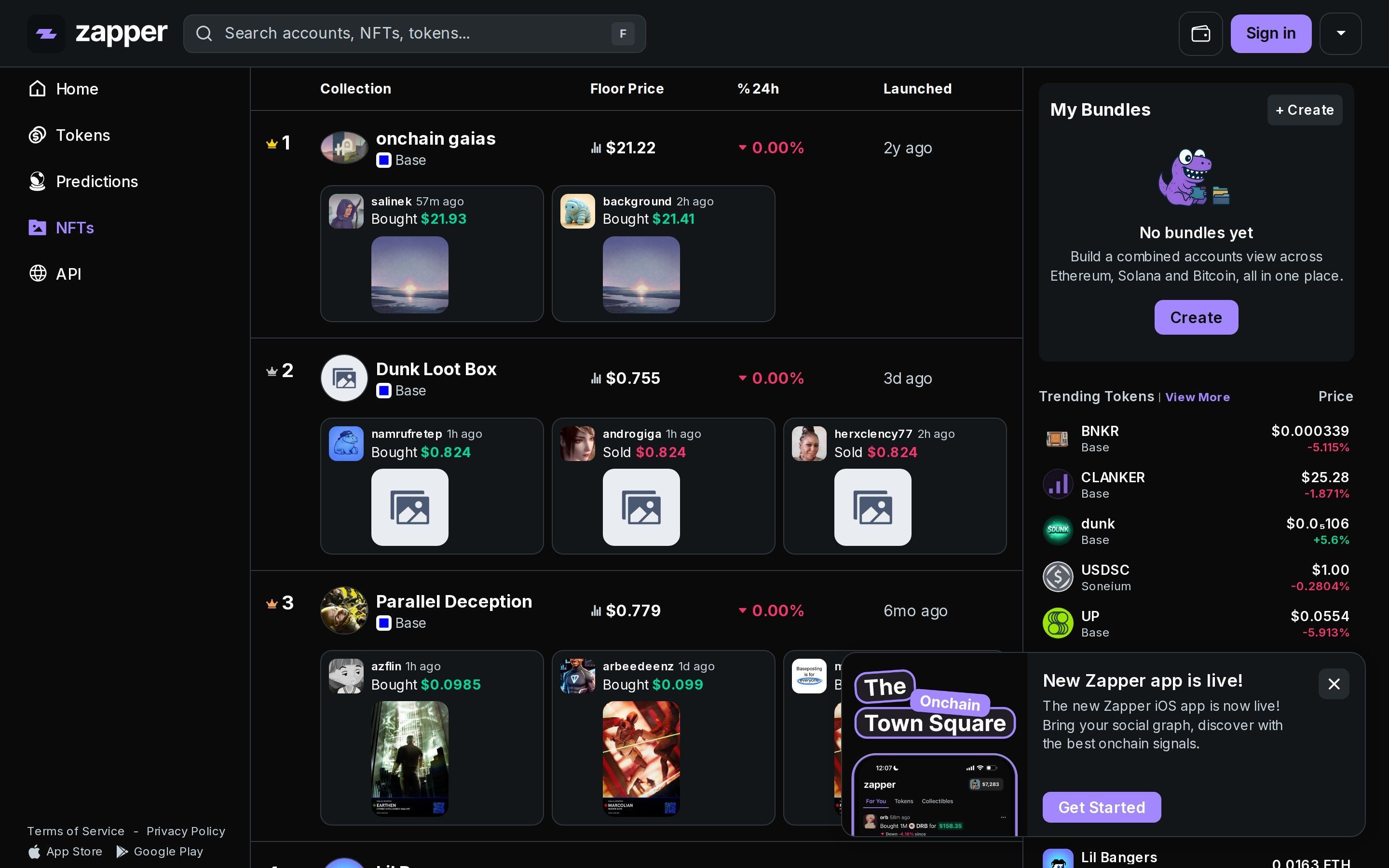 Zapper NFTs trending page showing ranked collections with floor prices, price changes, and recent transaction activity