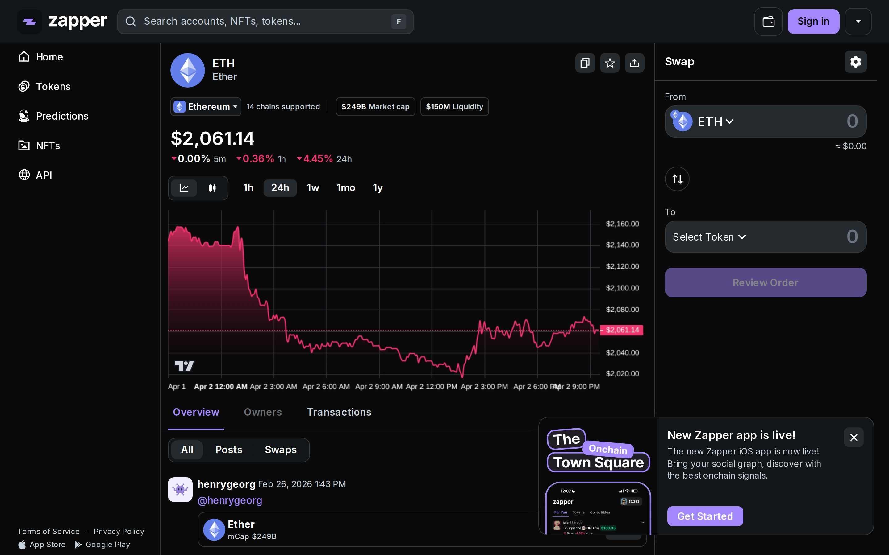 Zapper token detail page showing ETH price chart, market cap, liquidity stats, and integrated swap widget