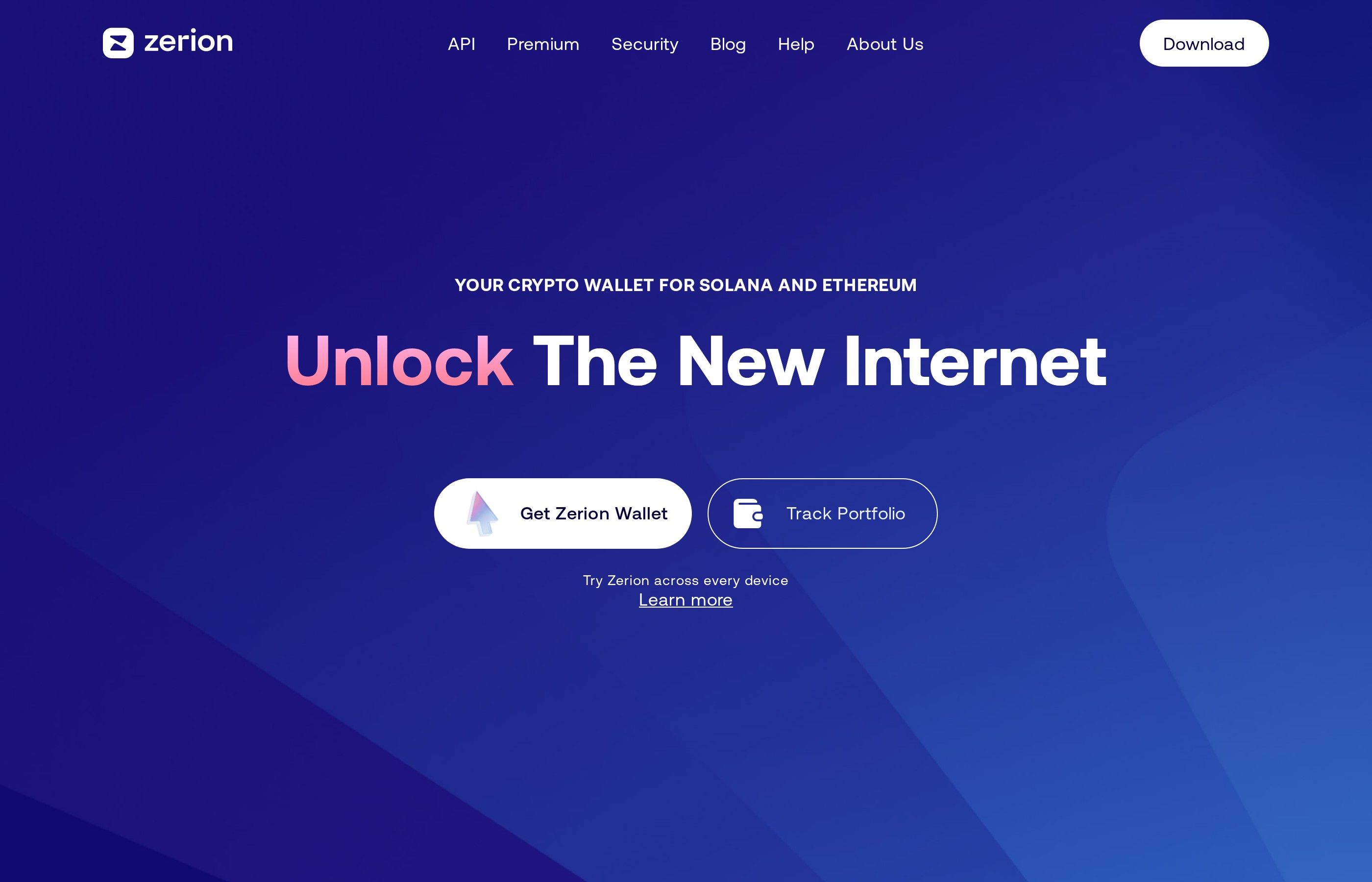 Zerion DeFi portfolio tracker homepage showing multi-chain dashboard